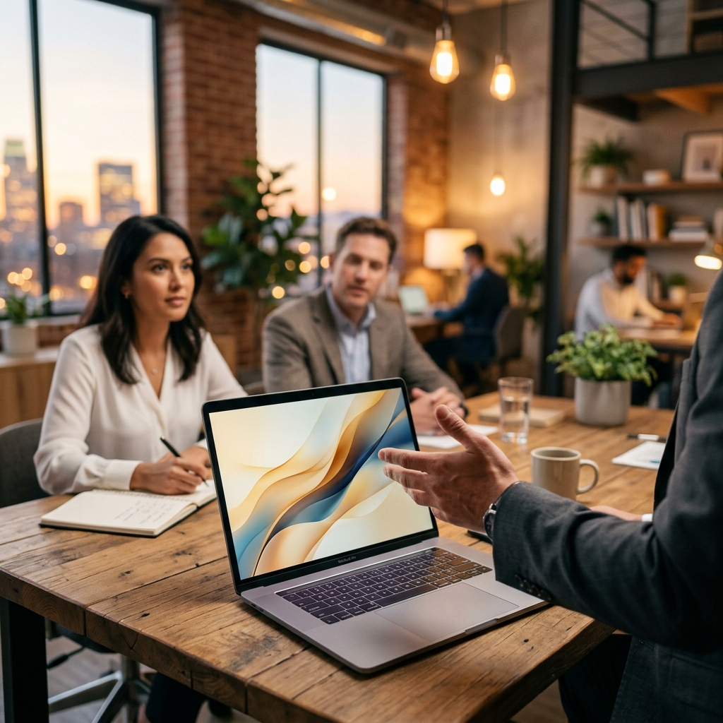 Corporate office meeting discussing abstract designs on laptop screen