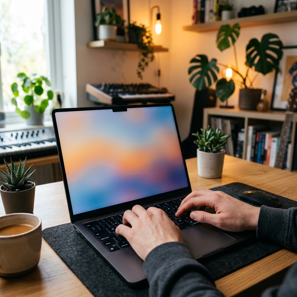 Developer keyboard and hands typing in front of abstract gradient laptop screen