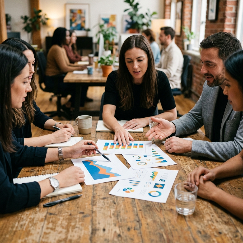 Creative team discussing data charts laid out on office table