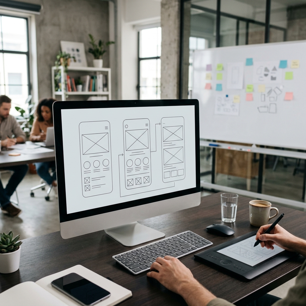 Computer monitor showing blank application design layout frames