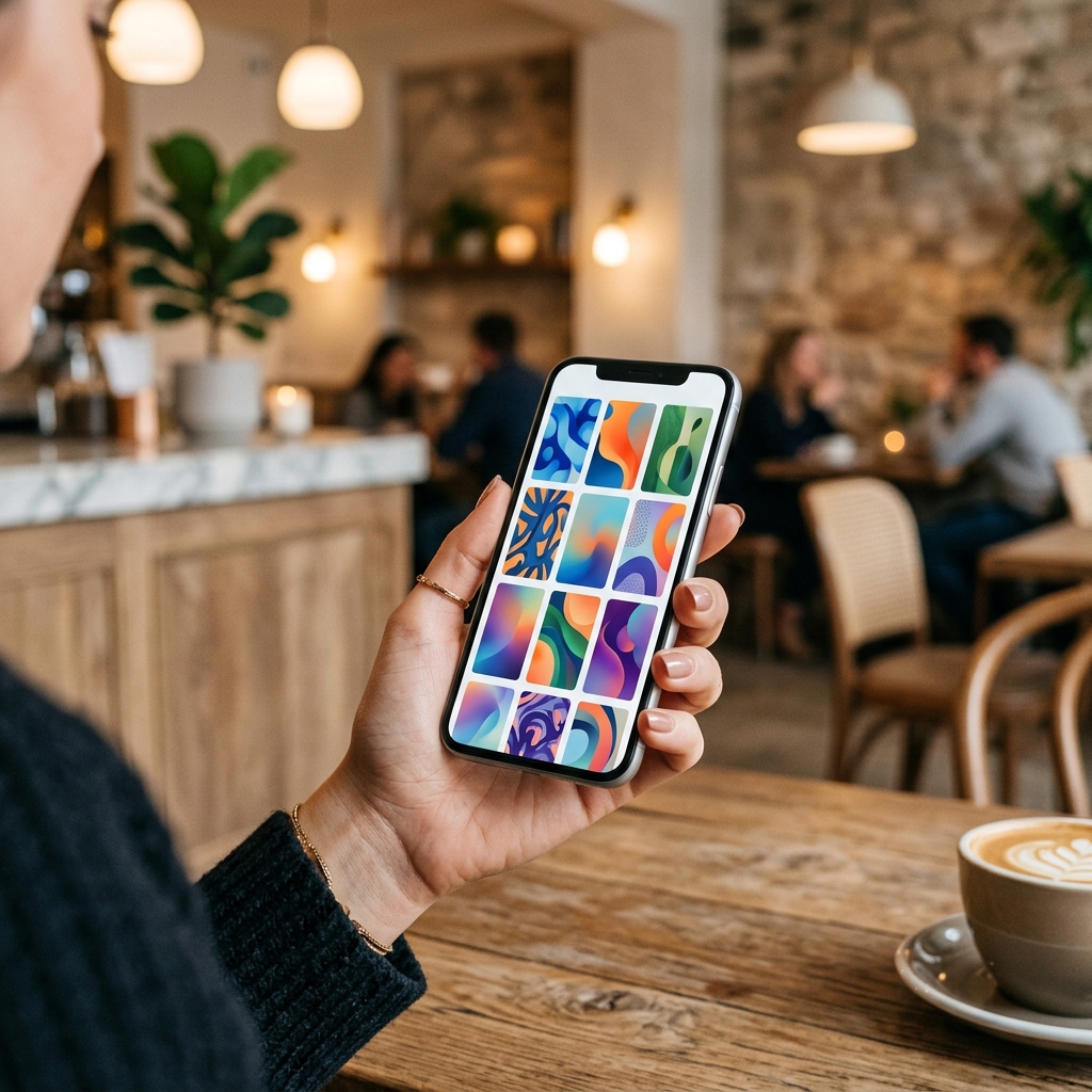 Hand holding smartphone scrolling colorful catalog grid in coffee shop