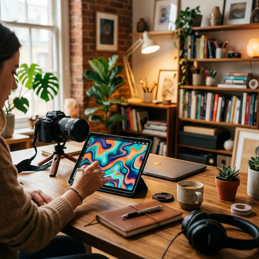 Creative studio table with camera and tablet displaying abstract digital artwork