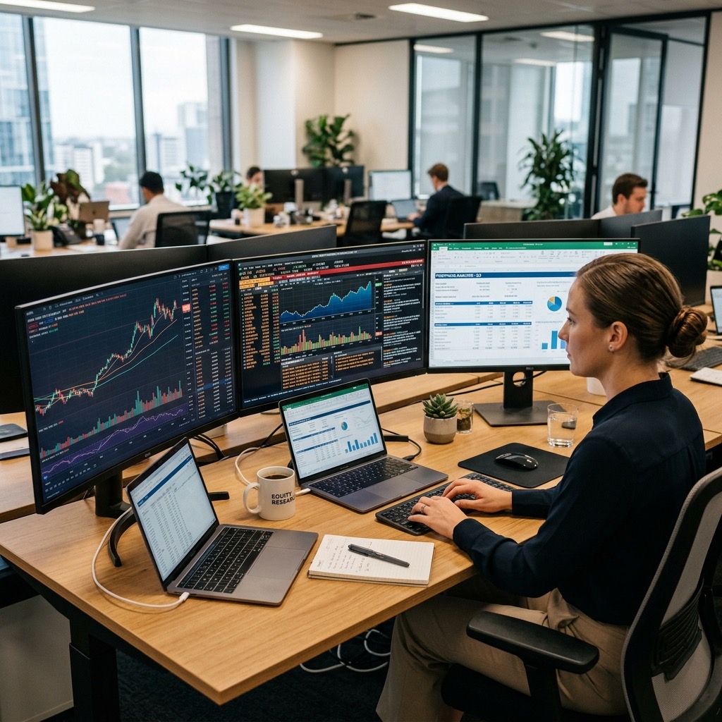 Financial analyst reviewing stock charts on multiple monitors in a corporate office