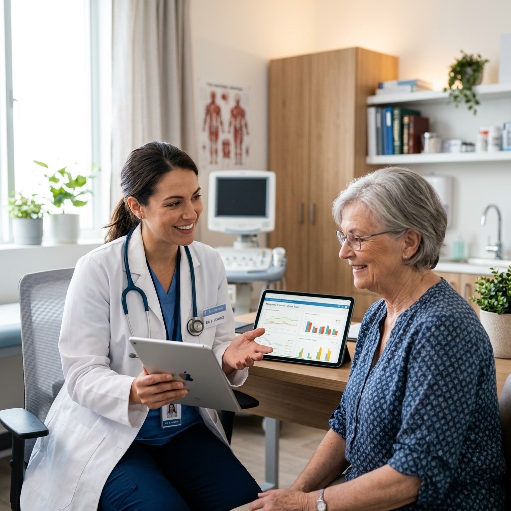 Doctor consulting patient using medical software on a tablet in modern hospital